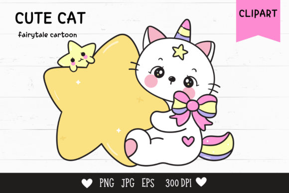 Download Cute Cat Cartoon Hug Star Kawaii Clipart - Cartoon Collection