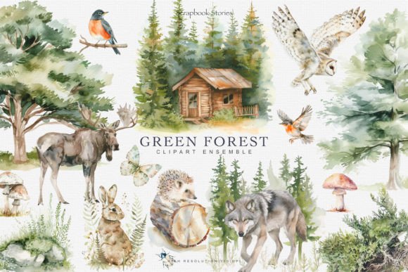 Download Watercolor Green Forest Clipart Set - Forest clipart Collection