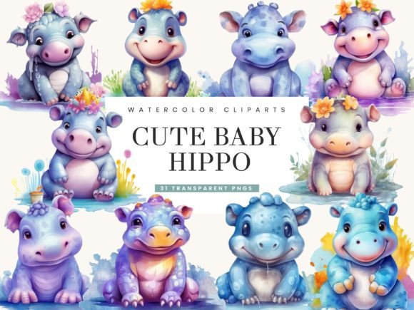 Download Watercolor Cute Baby Hippo Clipart Png - Png Collection